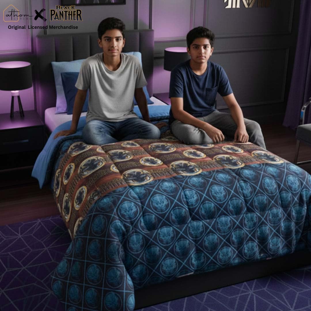 Athom Living Kids Comforter, Soft & Lightweight, Durable Bedding for Girls, Cozy & Vibrant Printed Bedspread, Machine Washable | 390 GSM, 135x220 cm (Black Panther Superhero)