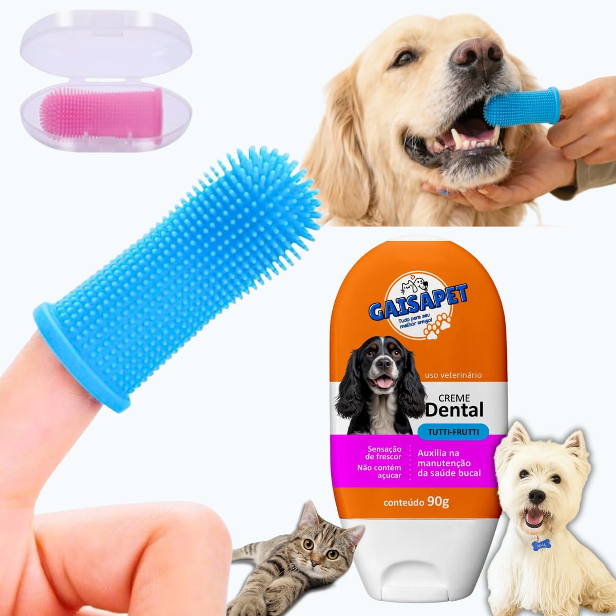 Escova de Dente para Pet Dedeira + Gel Dental Kit Higiene Bucal Cachorro Pasta de Dente Pet