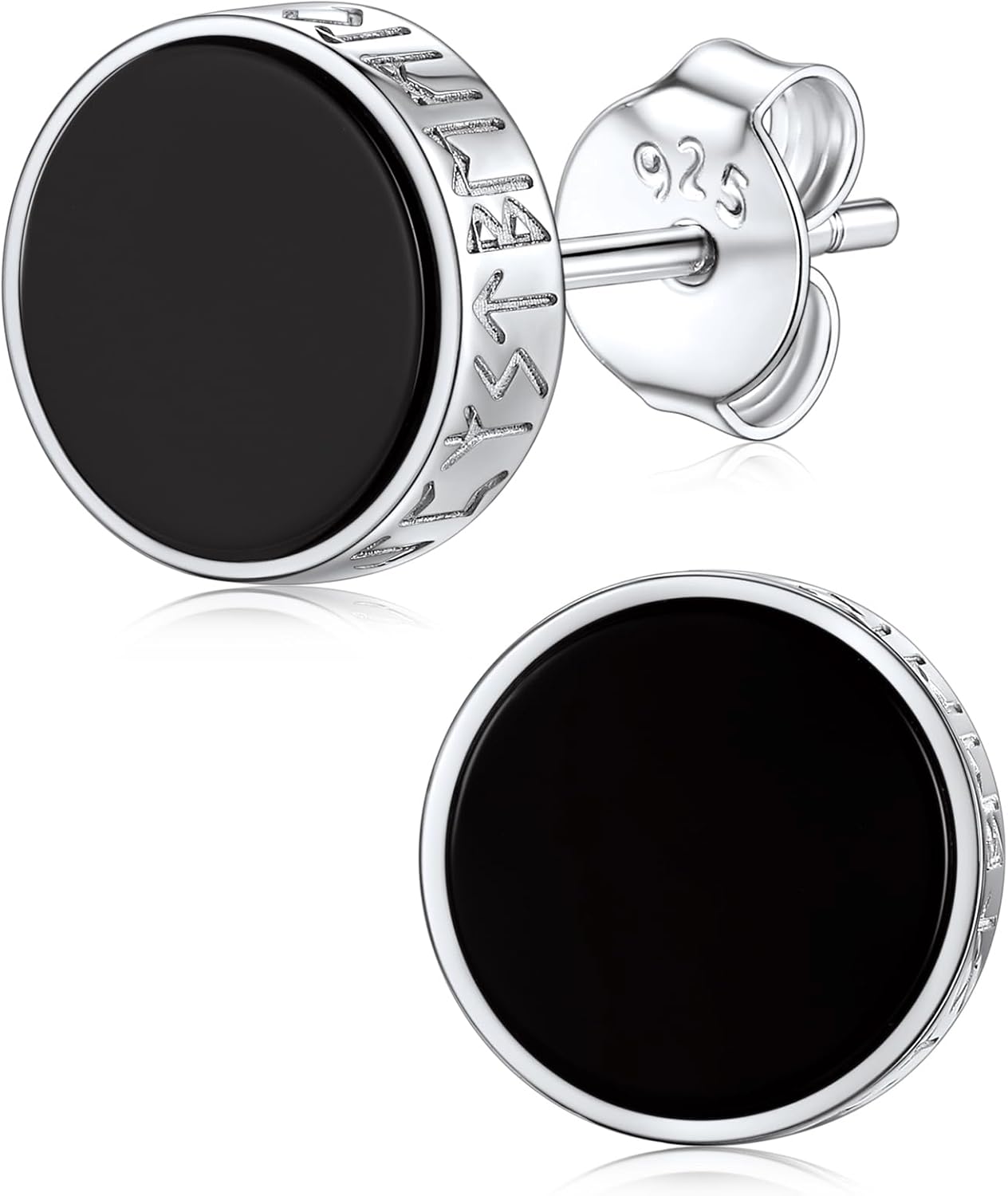 Silvora 925 Sterling Silver Viking Rune Stud Black Earrings For Men Women, Men Earring Stud with Gift Box