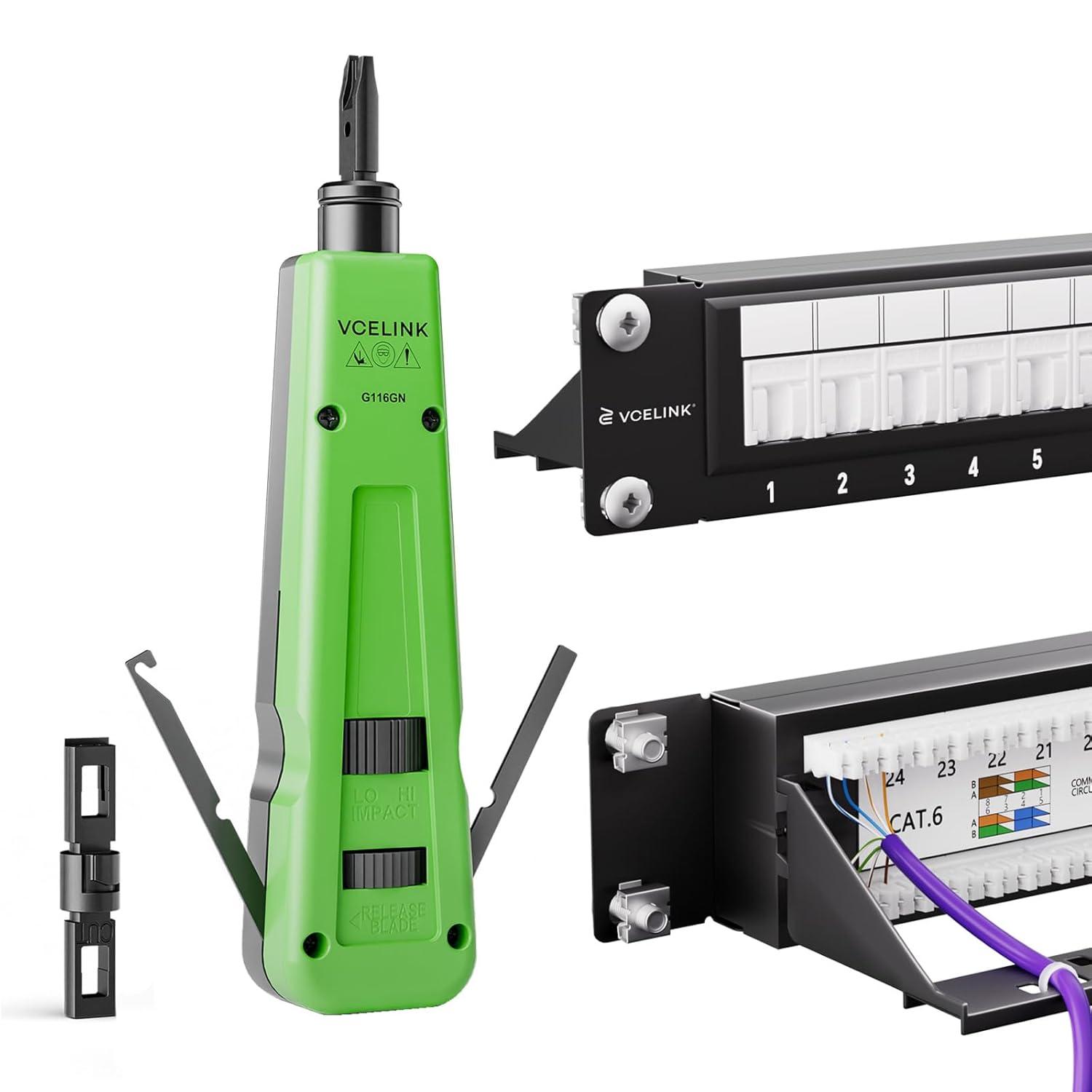 VCELINK 24 Port Cat6 Patch Panel with Dust Cover and Punch Down Tool with 110 and 66 Removable Blade