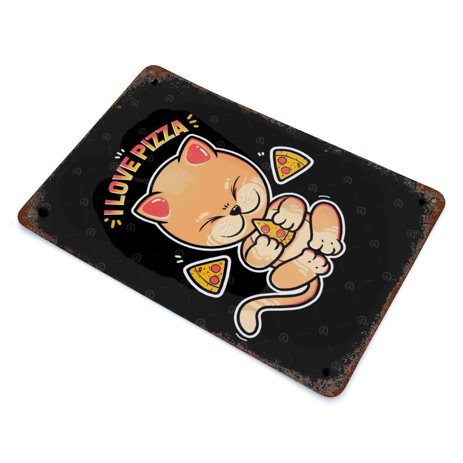 Distressed Metal Wall Sign with Cat Pizza Design 11.8"x7.9", for Office, Studio And Wall Decor, Industrial Home Decor