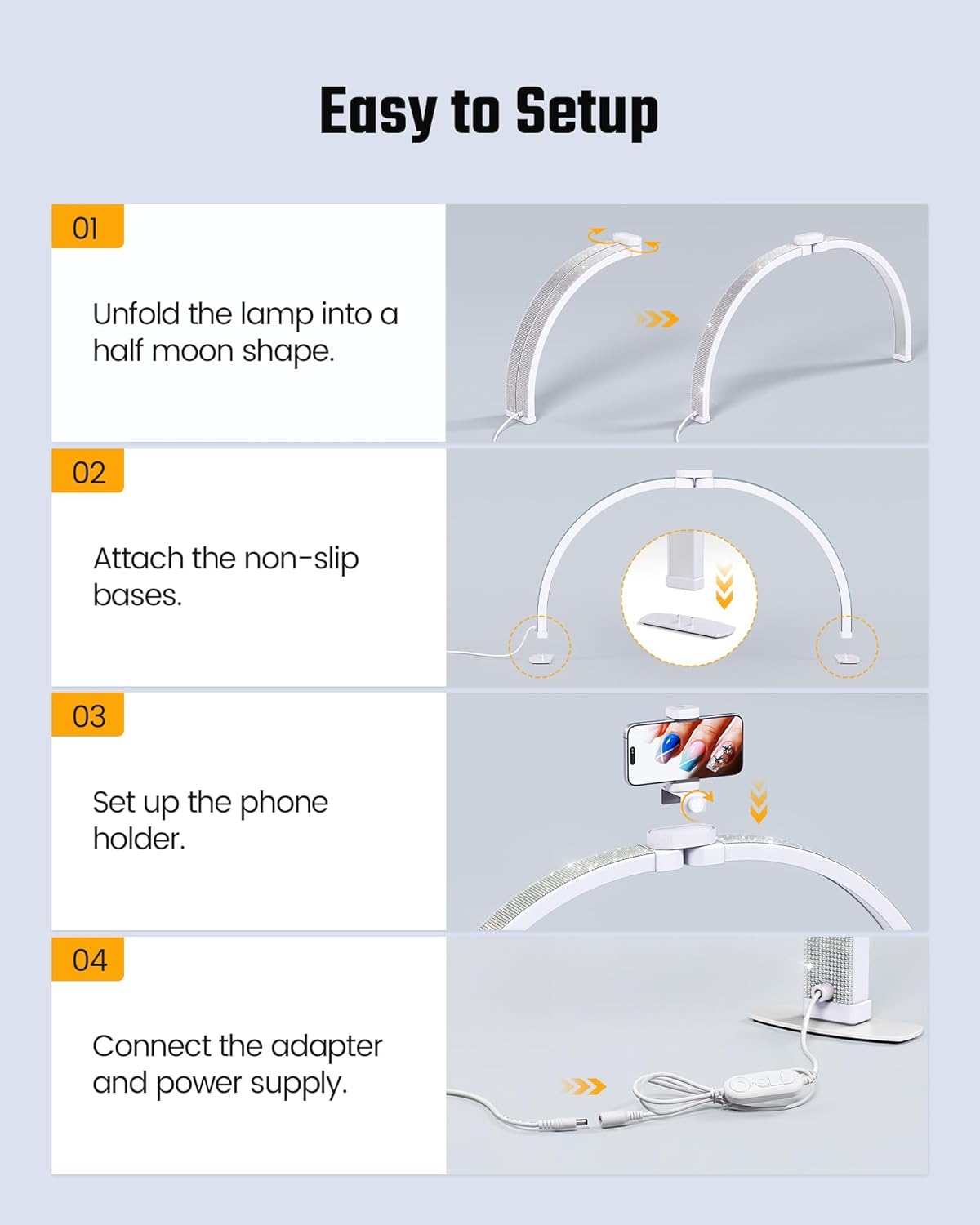 Half Moon Light for Nail Desk, Foldable Arch Nail lamp for Desk with Rhinestones,CRI≥90 LED with Phone Holder, Shadowless Table Lamp Perfect for Manicure Handicraft Lighting,White