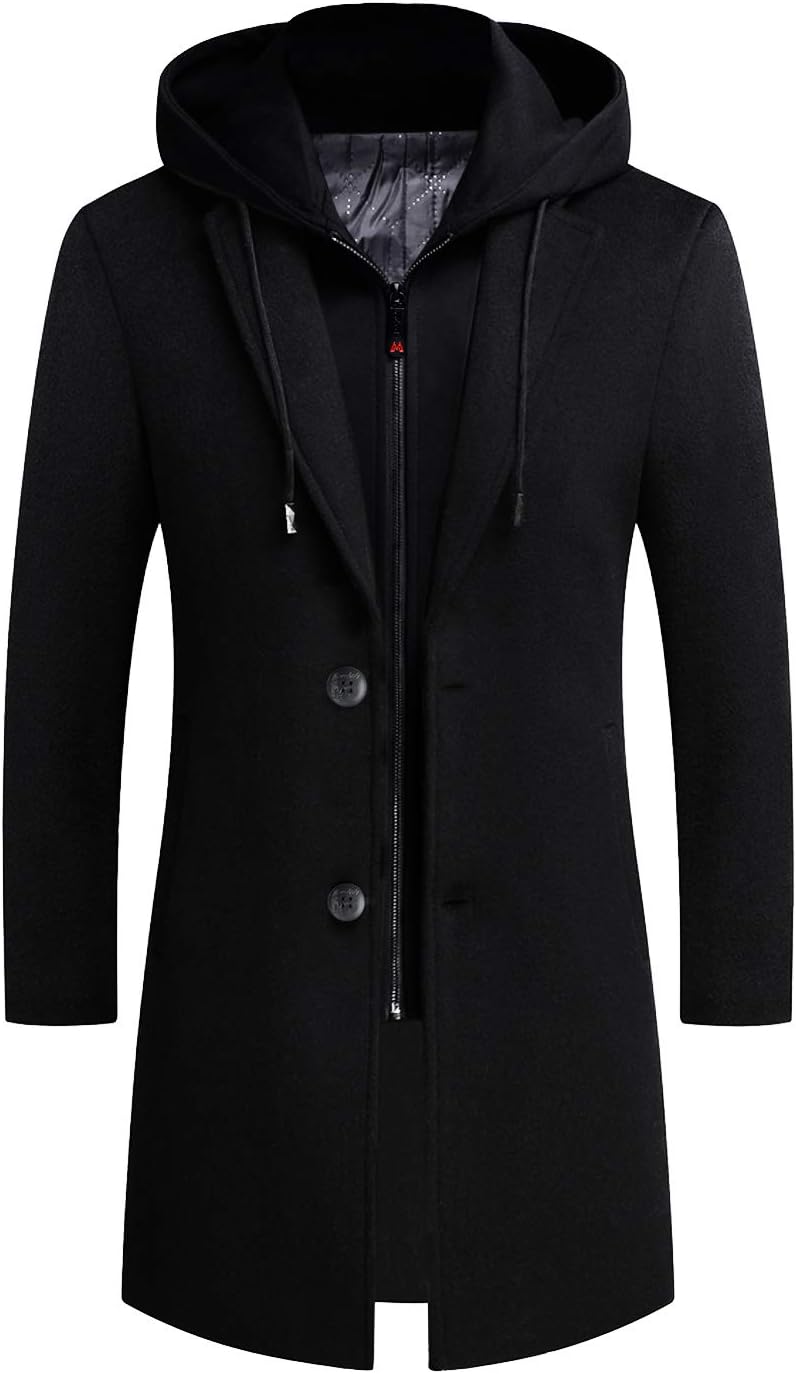 iCKER Mens Trench Coat Winter Wool Blend jacket Overcoat long Top Coat Warm Pea Coat