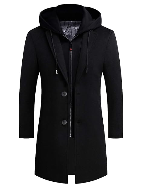 iCKER Mens Trench Coat Winter Wool Blend Jacket Overcoat Long Top Coat Warm Pea Coat