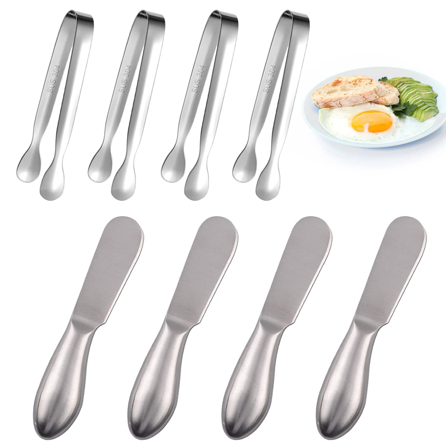 Butter Spreader Knife Set 8 PCS Stainless Steel Cheese Butter Spreader Knives and Mini Serving Tongs for Cheese Cold Butter Jam Appetizers Pastry Charcuterie Accessories Kitchen Utensils