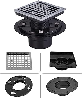 4 1/2 Inch Square Shower Drain with Hair Carcher Fit 2" or 3" Pipe - Compatible with Kohler Drain System Shower Floor Drain Kit with ABS Flange - Polished Chrome Strainer for Bathroom