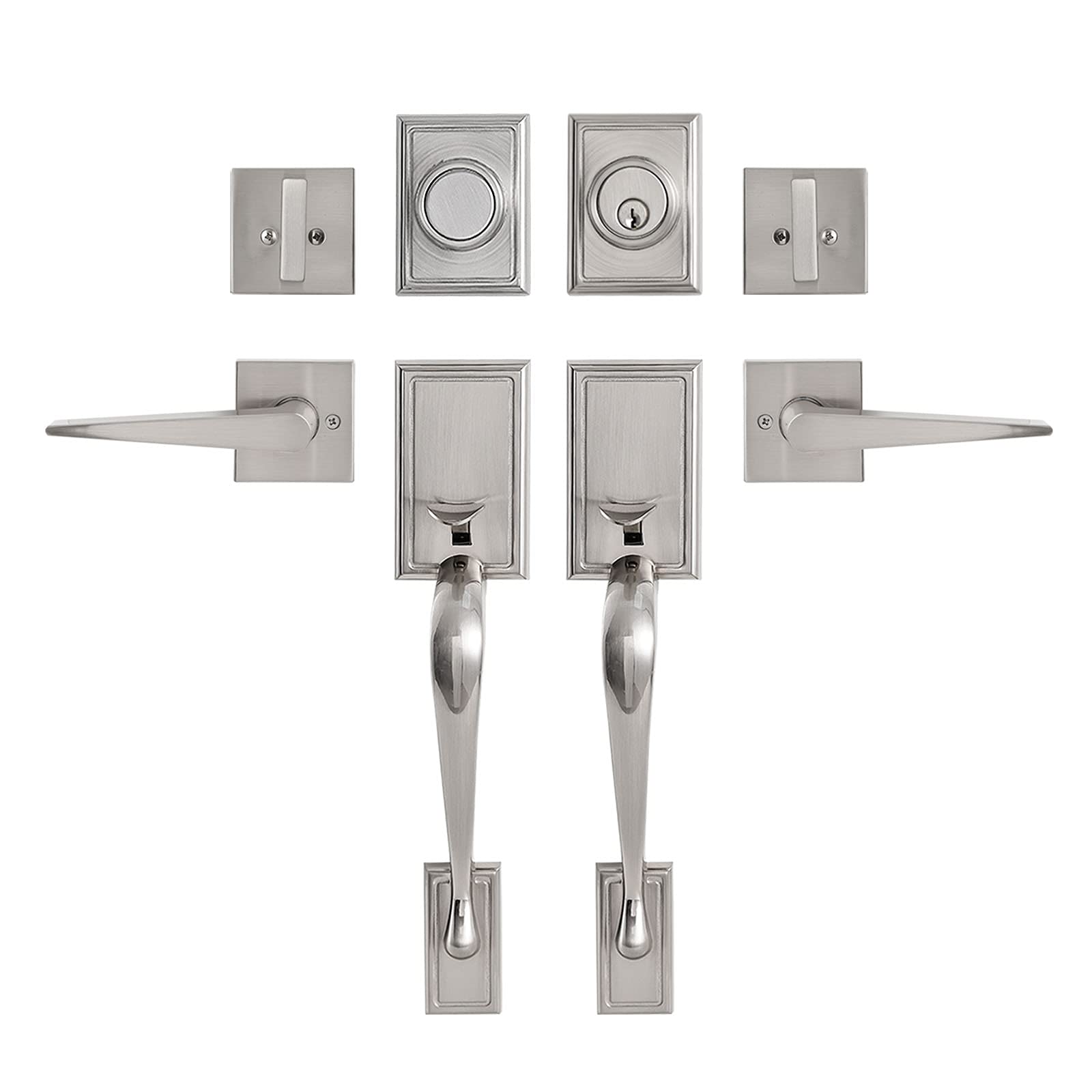NeuType Double Door Handle Sets with Deadbolt Lock Set Door Entry Door Locksets Double Door Handle Set with Dummy Exterior Door Lock Set with Deadbolt Satin Nickel