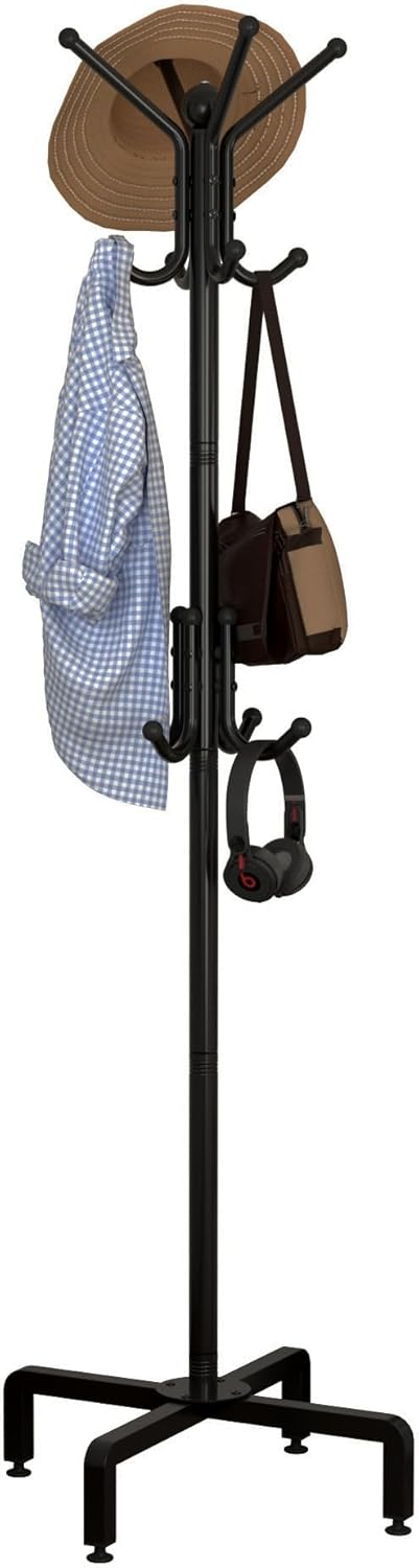 PSHUN RIGH/Kertnic 12-Hook Freestanding Metal Coat Rack: Universal for Entryway, Hallway, Bedroom & Office - Stylish Storage Rack for Coats, Hats, Scarves & Bags (Black)