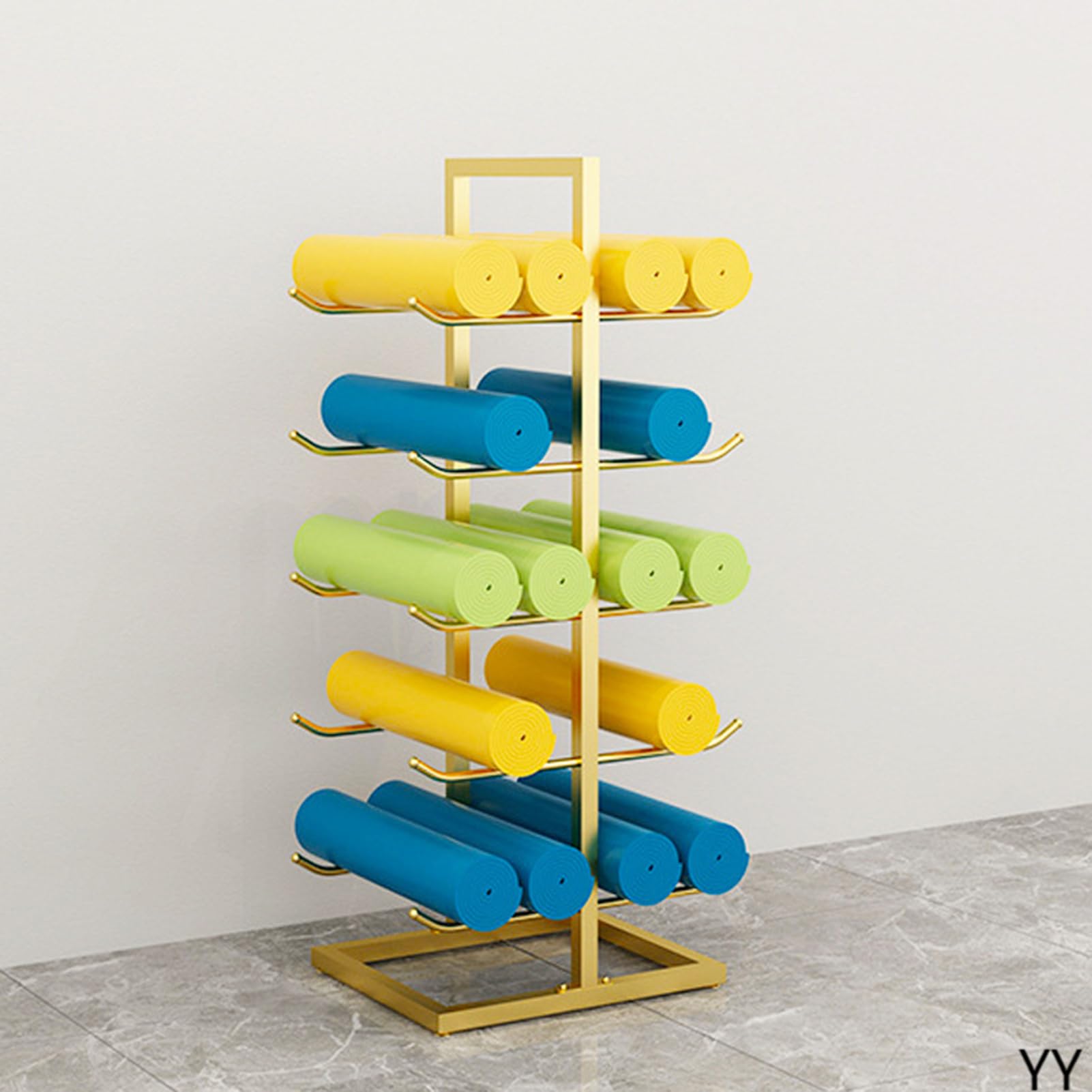 Scaffale portaoggetti per tappetino da yoga a 5 ripiani, di grande capacità, può contenere 5-20 tappetini in schiuma metallica per casa, palestra/sala yoga, design resistente da pavimento