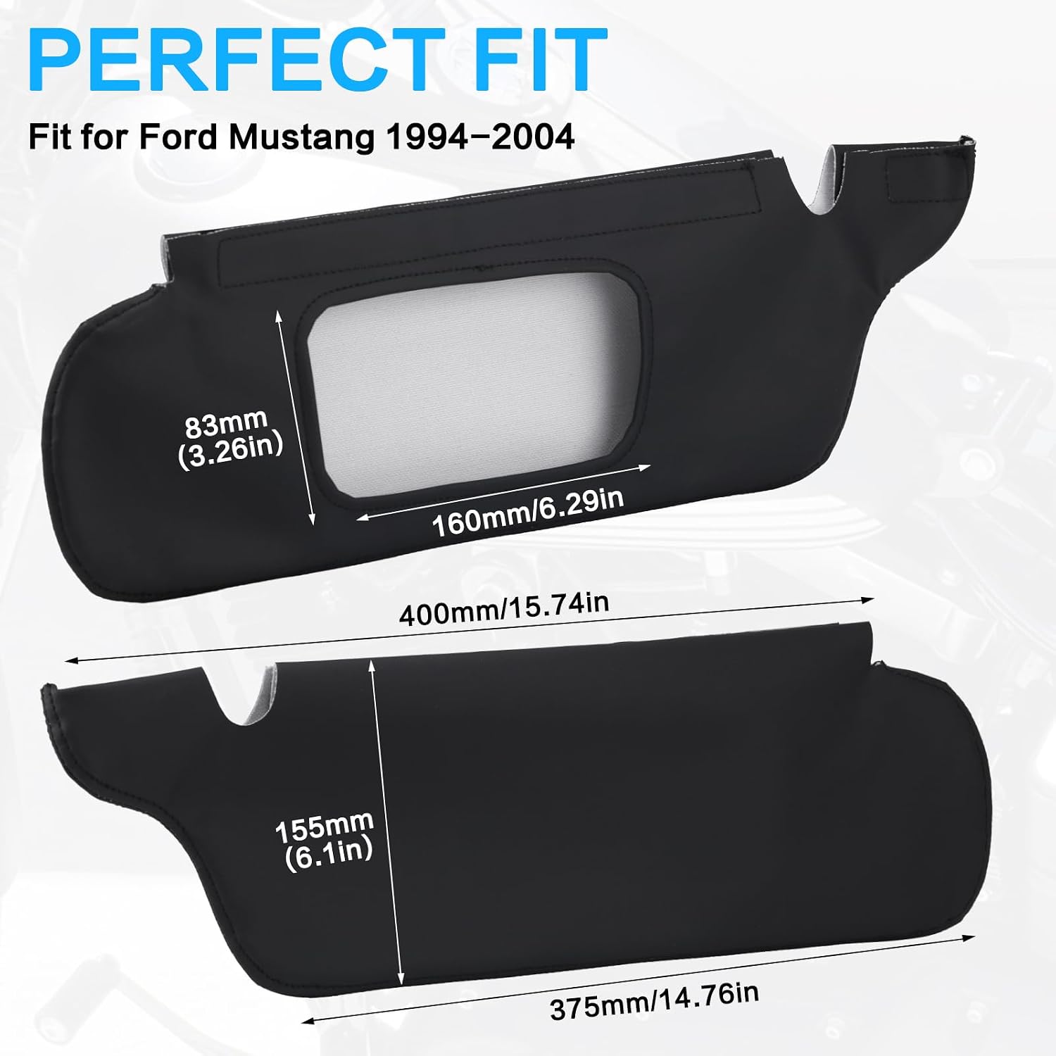 Sun Visor Cover Fit for Ford Mustang 1994-2004, Vinyl Leather Trim Left & Right Sun Visor Replacement Cover Anti-Scratch Car Sunvisor Protector Covering 2PCS (Black Stitch)