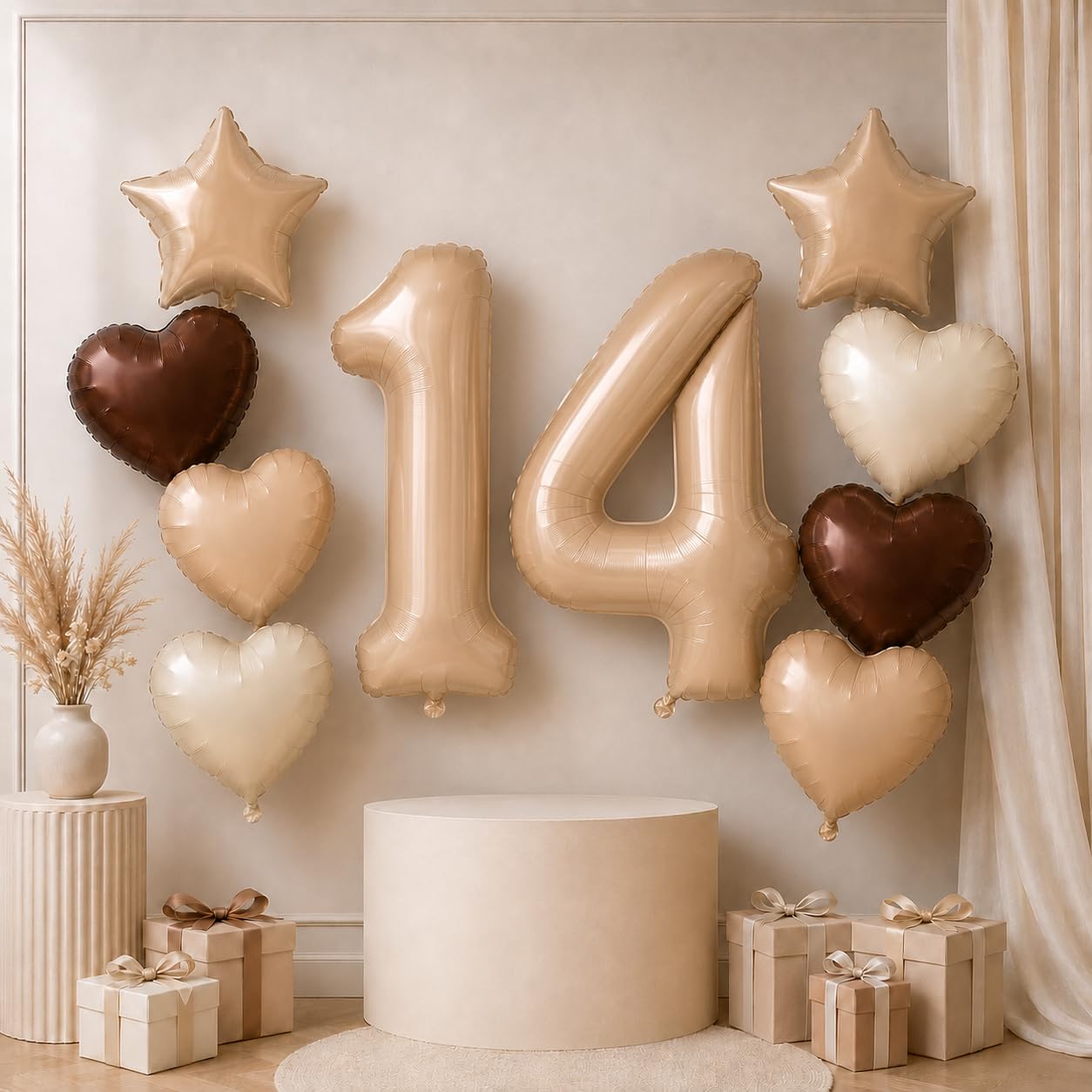 14 Luftballons Zahl Beige Set, Aprikose Ballon 14. Geburtstag Deko für Mädchen, Neutraler Creme Kaffee Nude Herzballons Helium Braun Stern Folienballon für 14 Geburtstagsdeko Jubiläum Party Dekoration