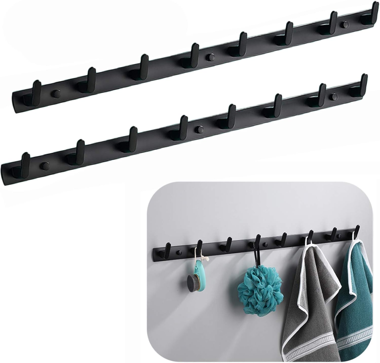 Wall Mounted Coat Racks with 8 Hooks Hanging Holder Towel Rack 29.7"x1.3" Modern Black Hanging for Clothes Entryway Bathroom (8 Hooks(2 packs))