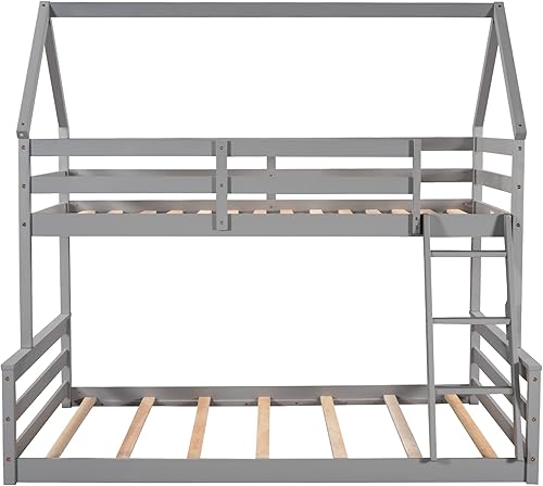 Miniatura 5 de Harper & Bright Designs Litera de casa individual sobre individual con almacenamiento, marco de literas de madera con escalera para niños,