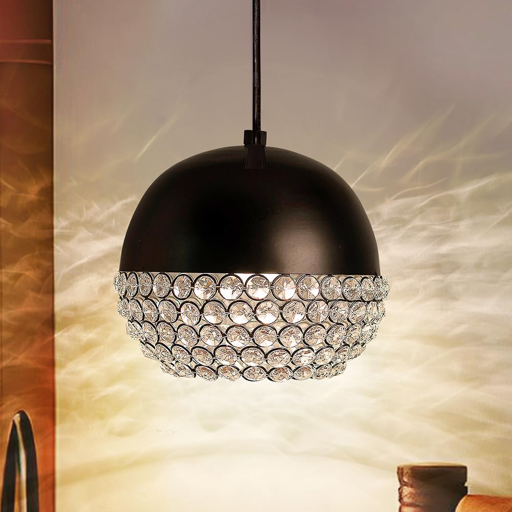 Crystal Pendant Light - Modern Black Ceiling Lamp, Stylish Home Decor for Living Room, Bedroom, Dining Room, Kitchen, Office, Bar, Restaurant Elegant Lighting Fixture, Contemporary Design