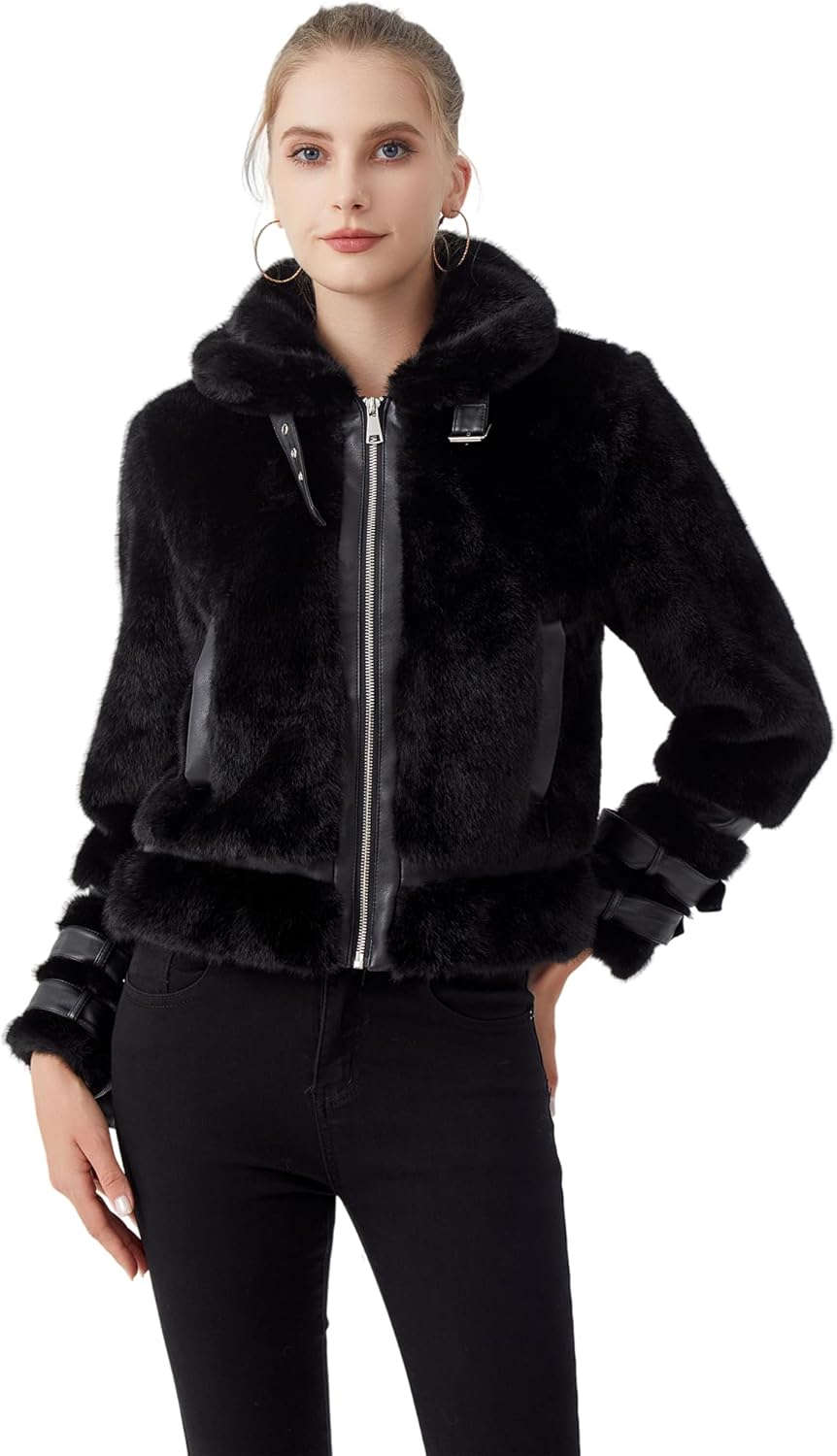 GRAN ORIENTE Womens Belted Winter Faux Fur Coats, Cropped Fuzzy Cuff Furry Zipper Up Warm Jackets Outwear - Image 2