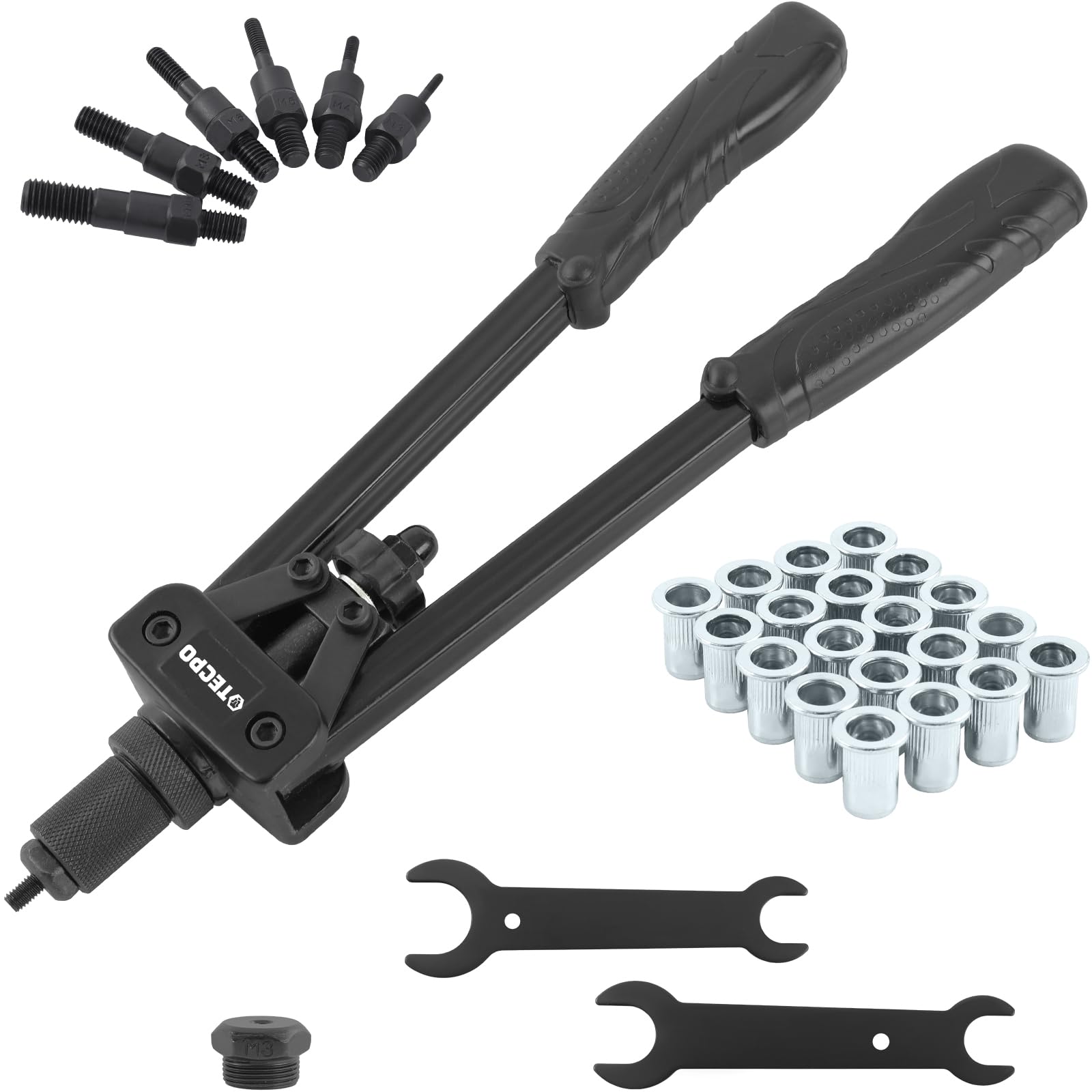 TECPO Nietmutternzange Set, 249-teilig Blind Nietmuttern Satz mit Gewinde, Nietzange, Universalschlüssel, Zugdorne und Mundstücke aus Stahl M3, M4, M5, M6, M8, M10 Ø 5,0-13mm