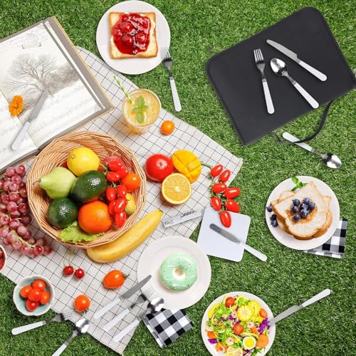Image of Camping Crockery Set, Silver, 20-Piece Cutlery for 4 People, Portable Stainless Steel Picnic Tableware With Case, Ideal for Travel, Hiking and Outdoor Picnics