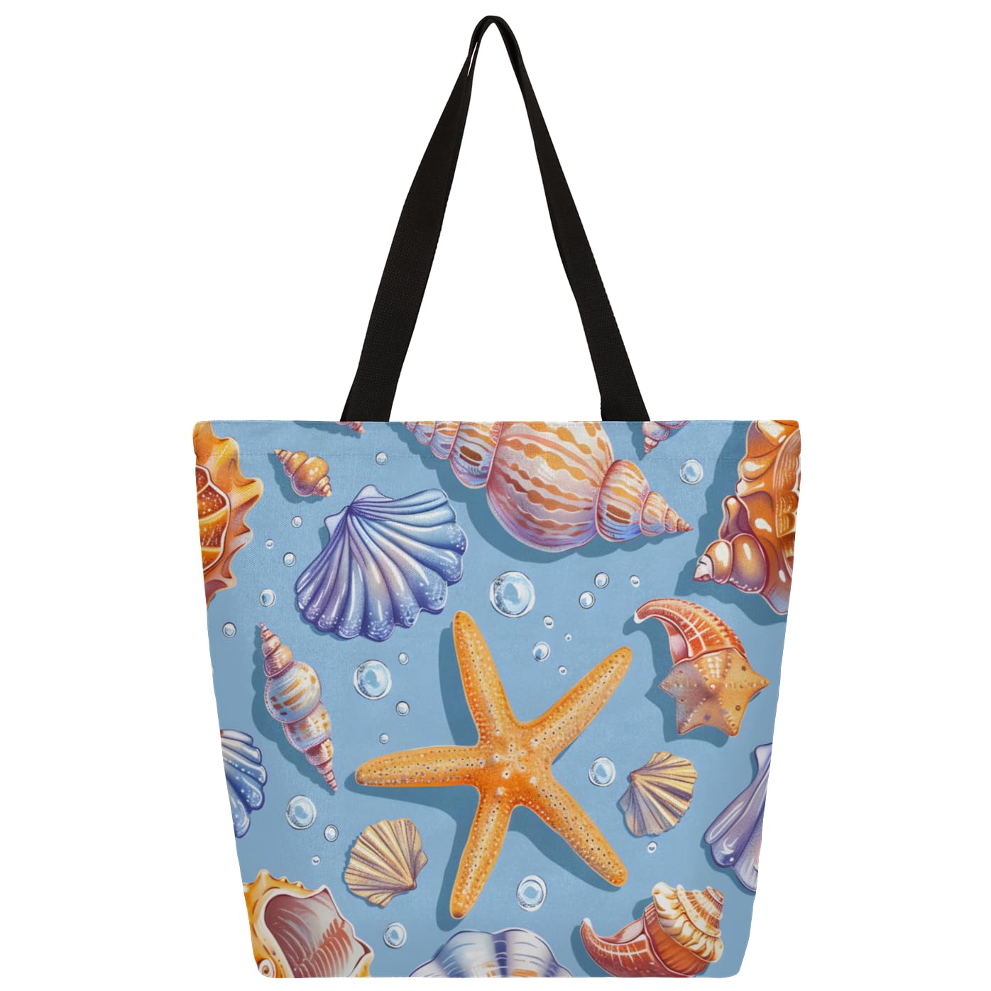 Mularoka Starfish Shells Sea Shells Large Capacity Canvas Tote Bag Stylish Handheld Shoulder Bag Reusable Shopping Bag for Work Travel Beach Trips Shopping