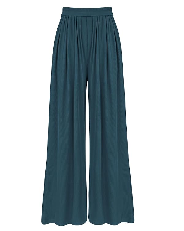 BTFBM Palazzo Pants for Women 2026 Summer Clothes Pockets High Waist Casual Knit Flowy Spring Wide Leg Trousers(Lake Blue, Large) by BTFBM - Used condition - US$33.16
