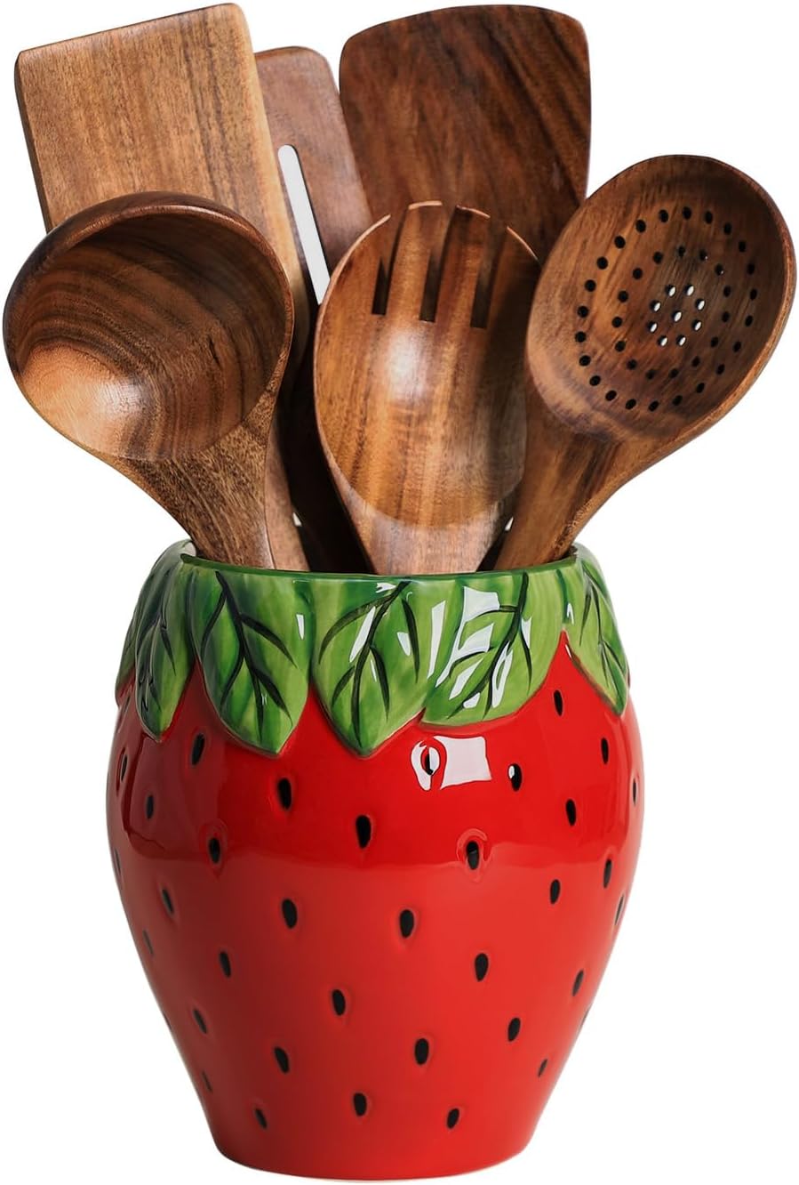 Strawberry Shaped Ceramic Kitchen Utensil Holder, Large Cooking Utensil Crocks for Kitchen Countertop, Ceramic Utensil Organizer for Spatula, Kitchen, Home Decoration-Retro Red