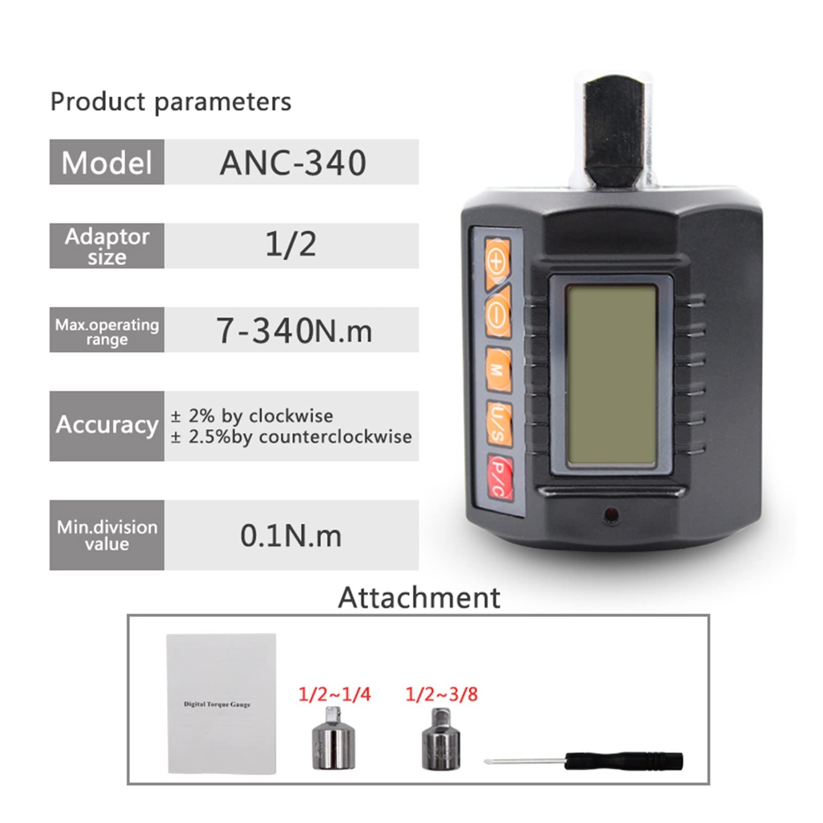 Klucz dynamometryczny, 3-częściowy z adapterem Digital Meter Meter Head Bike Repair Car Rower Tester momentu obrotowego(ANC-340 grey)