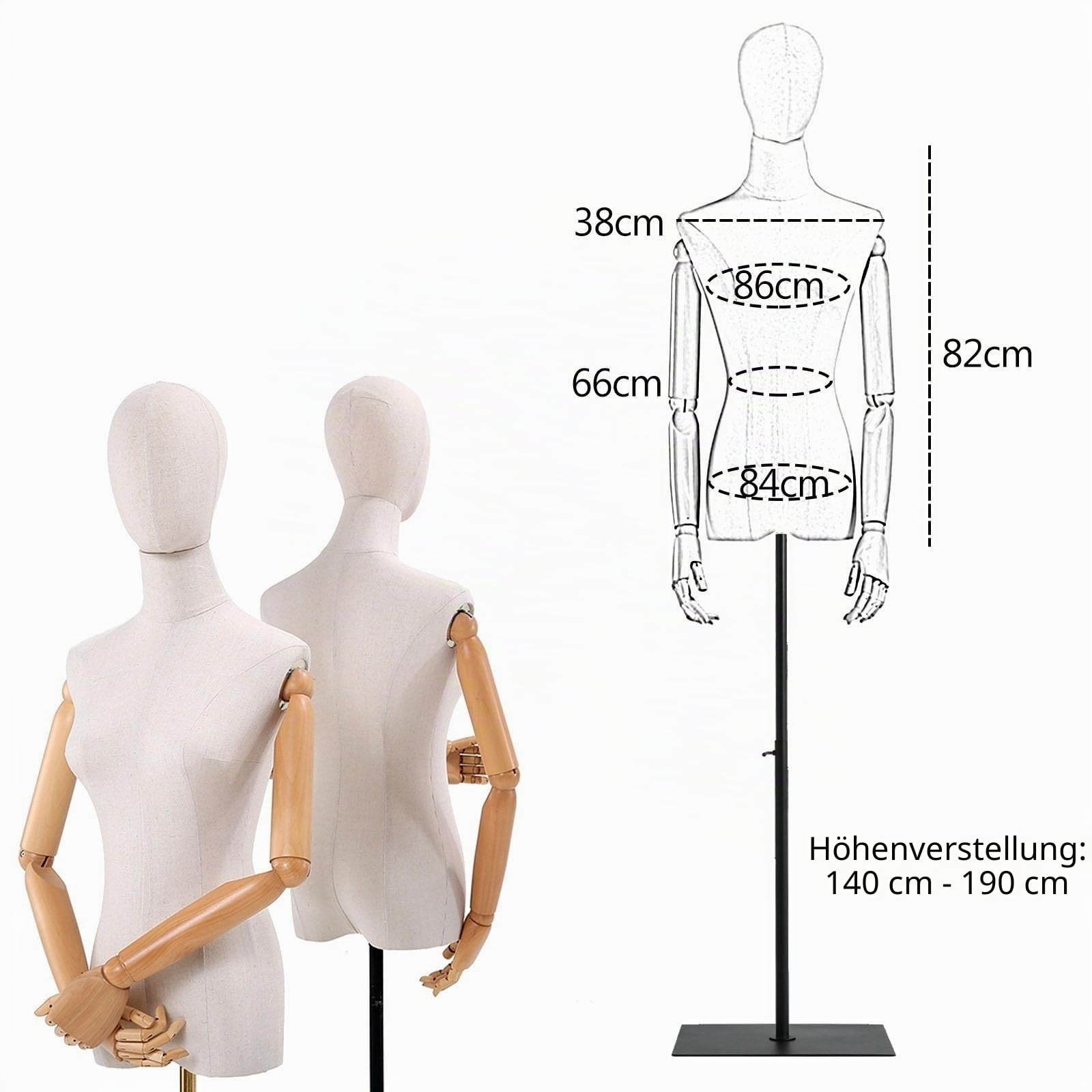 Jueraori Schaufensterpuppe Körper Weiblich, Schneiderpuppe mit Holz Armen, Mannequin Torso mit Verstellbare Höhe 140-190cm, Damenbüste Kleiderpuppe Ausstellungsstand (Schwarz, MEDIUM)