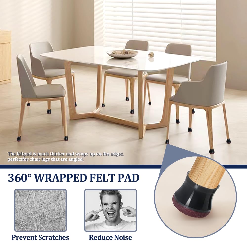 16 Pcs Chair Leg Floor Protectors,Black Silicone Chair Leg Covers Caps for Hardwood Floors with Wrapped Felt Furniture Feet Protectors Pads (Fit:30.1-40mm) - Image 2