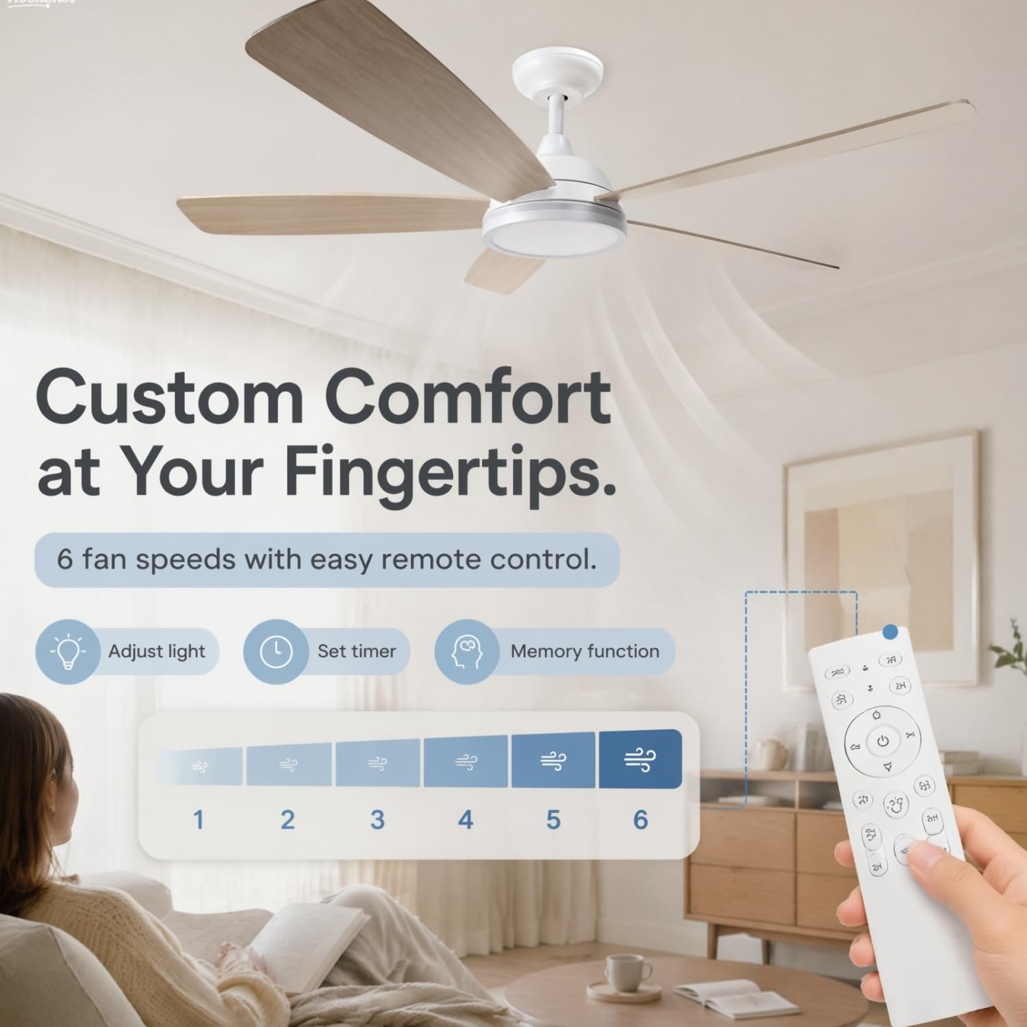 Aigostar Ventilador de Techo con Luz Silencioso 52″, 20W LED, Motor DC Reversible 30W, Mando a Distancia, 6 Velocidades, 2700K/4000K/6000K Regulable, Ideal para Dormitorio, Sala o Cocina