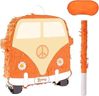 Hippie Van Pinata - Groovy Pinata with Blindfold and Bat for Kids Groovy Hippie Theme Birthday Party Game Decorations (13â€x13â€x3â€)