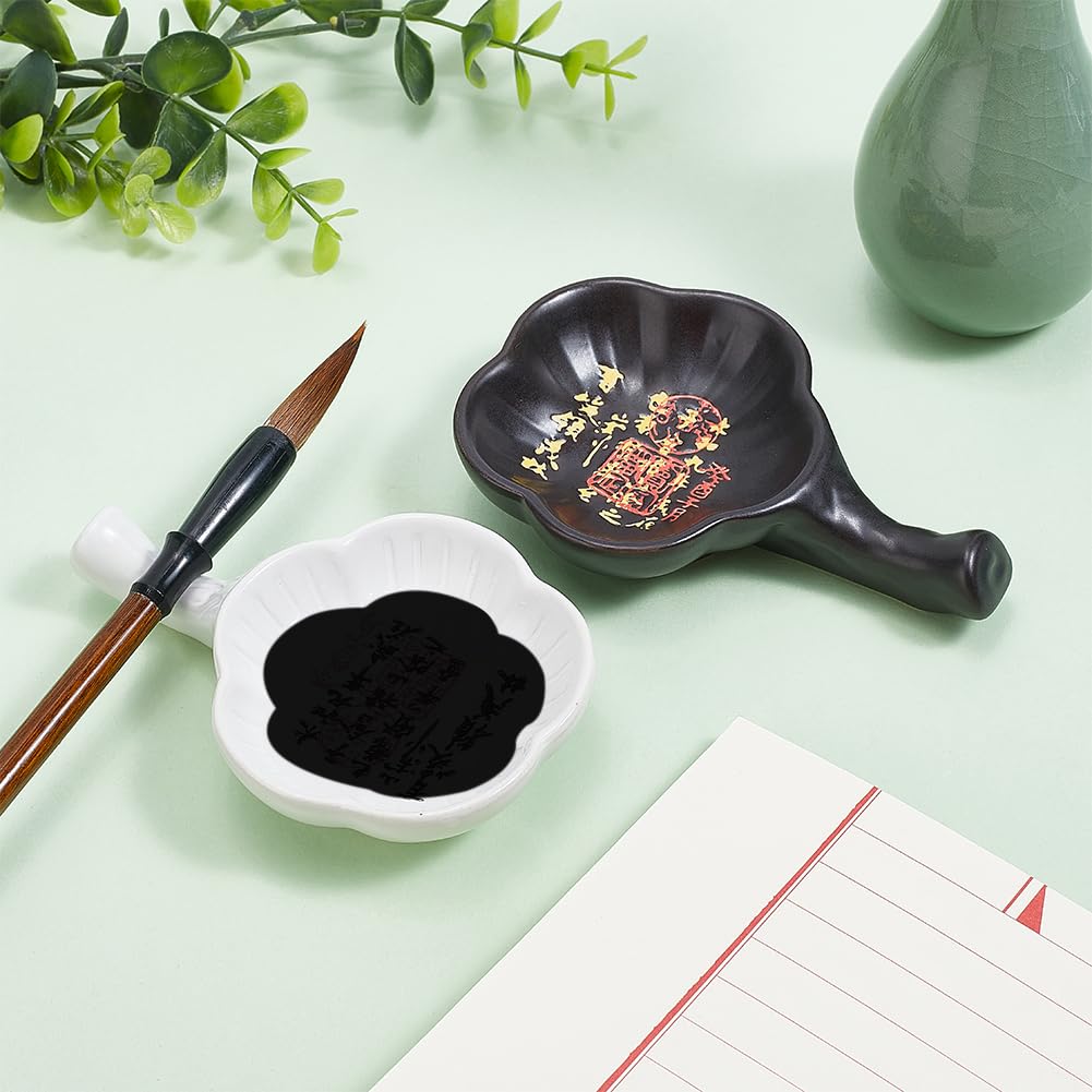 PH PandaHall 2-Pack Flower Ceramic Ink Dish - Porcelain Ink Plate & Brush Rest For Calligraphy & Painting