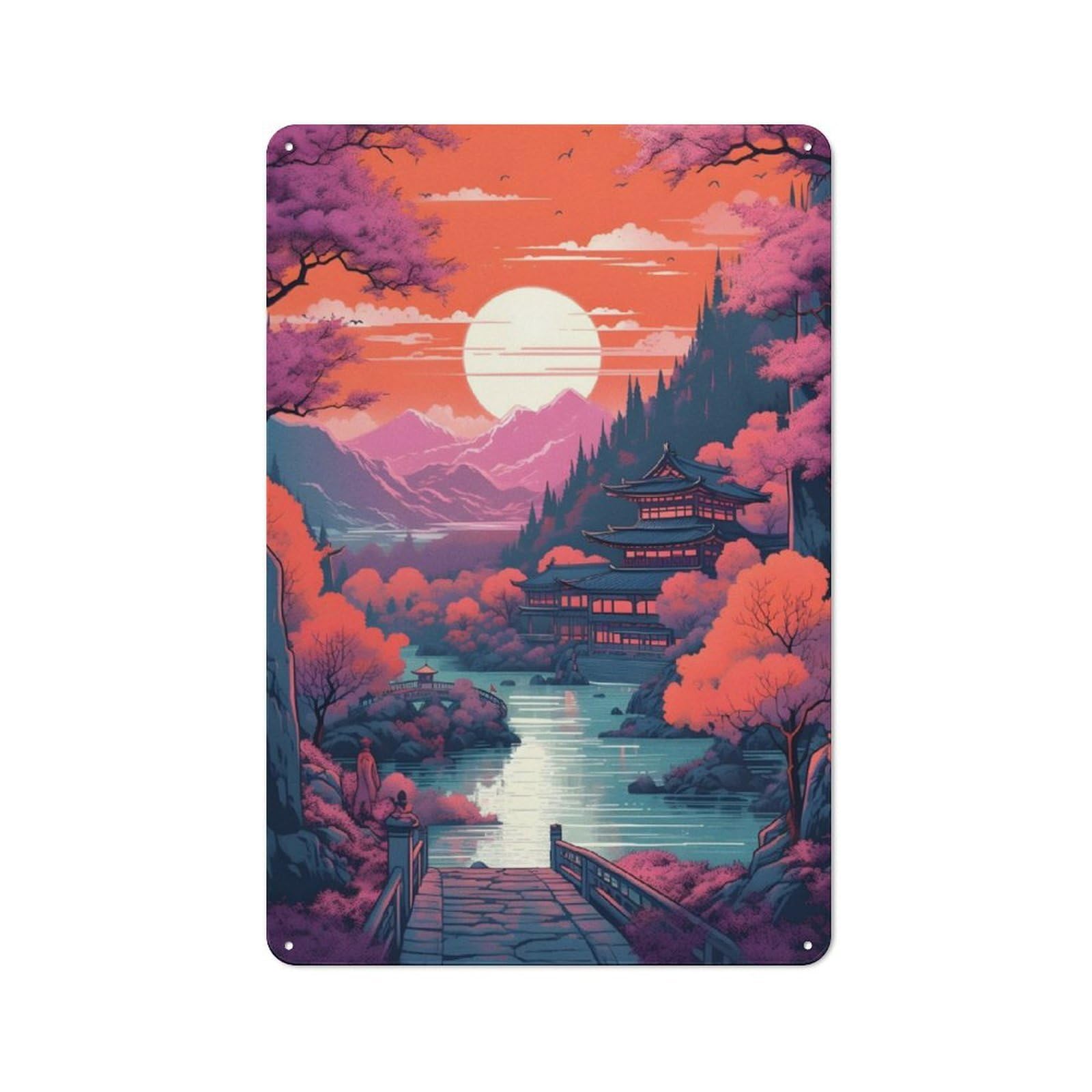 Junmoney Japanese Sunset 03 Tin Sign 30X20cm For Workshop Wall, Rustic Wall Decor, Suited To Workshop Decor Fans
