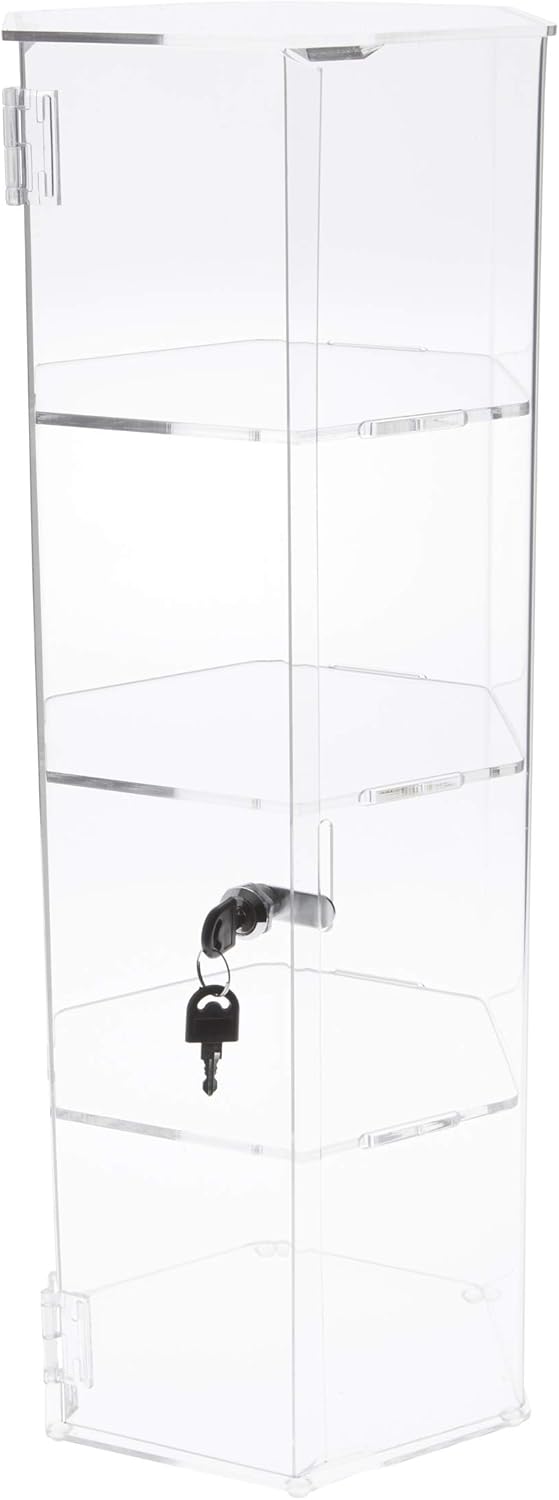 Plymor Clear Acrylic Hexagonal Locking Display Case, 3 Shelves, 24.5" H x 9.5" W x 9