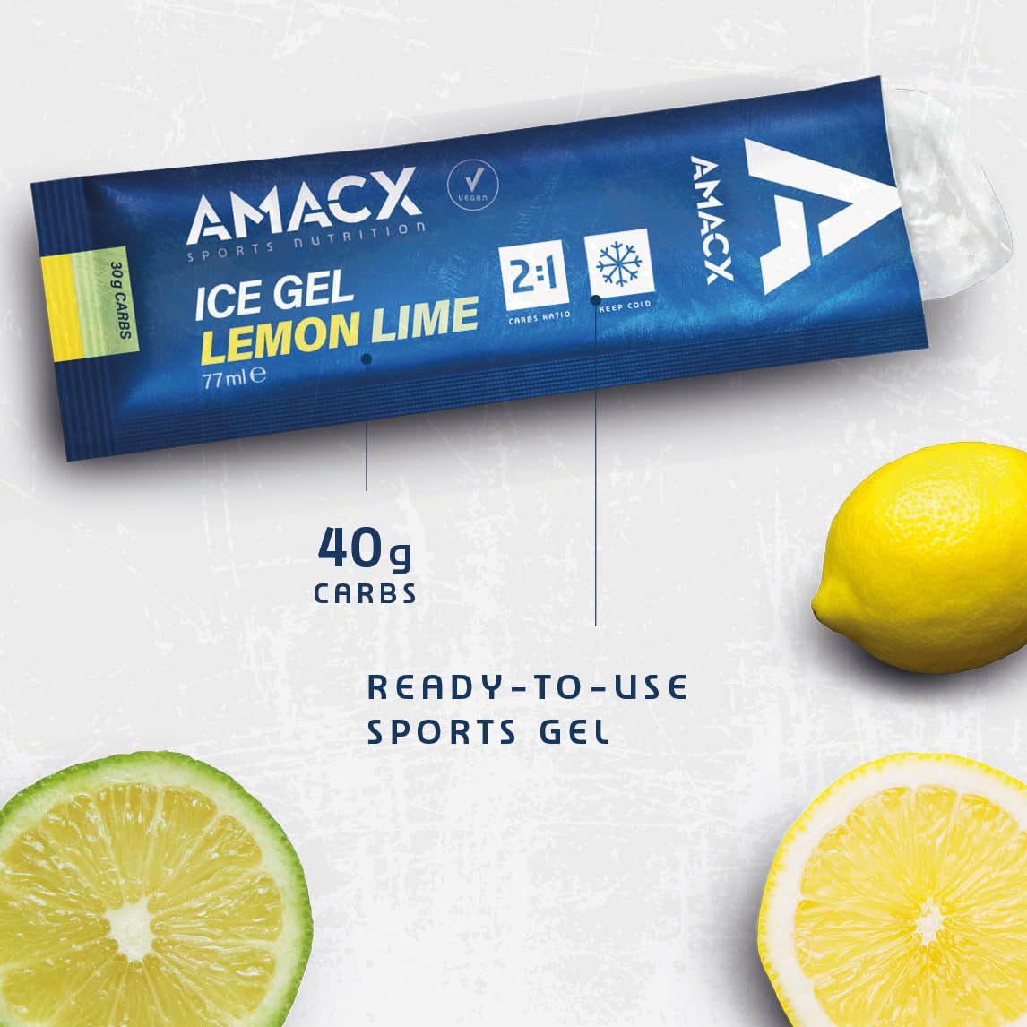 AMACX Energy Ice Gel con 30g Carbohidratos – Paquete de 12 y 200mg Sodio – Geles Energeticos Ciclismo y Running – Electrolitos Hidratacion para Entrenamiento Intenso – Limón Lima