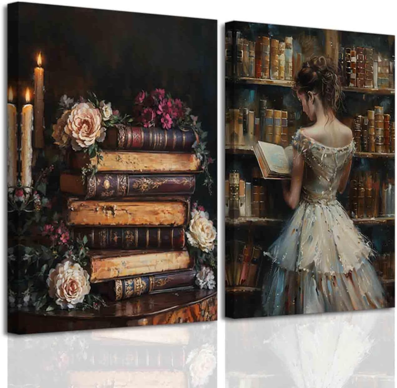 BJYCHG 2Pcs Vintage Women Reading Wall Art Moody Flower Books Canvas Prints Victorian Woman Pictures Dark Academia Aesthetic Paintings Bedroom Office Decor Framed (Black, (11x14inx2 Pieces))