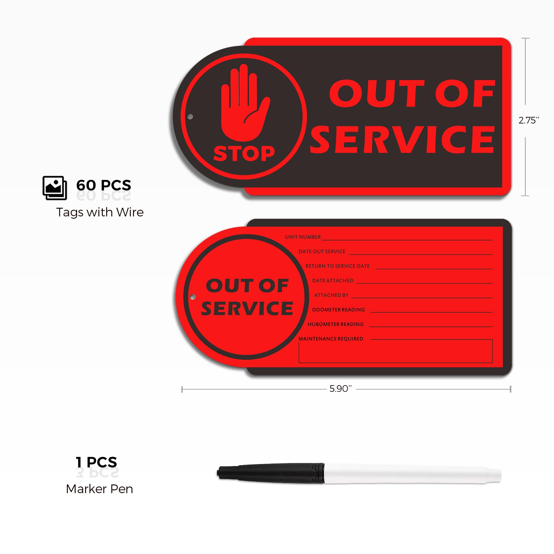 Out of Service Tags, 60 Pack Plastic Out of Service Tags with Wire for Maintenance Required, Red Equipment Out of Service Tags Waterproof, Reusable 