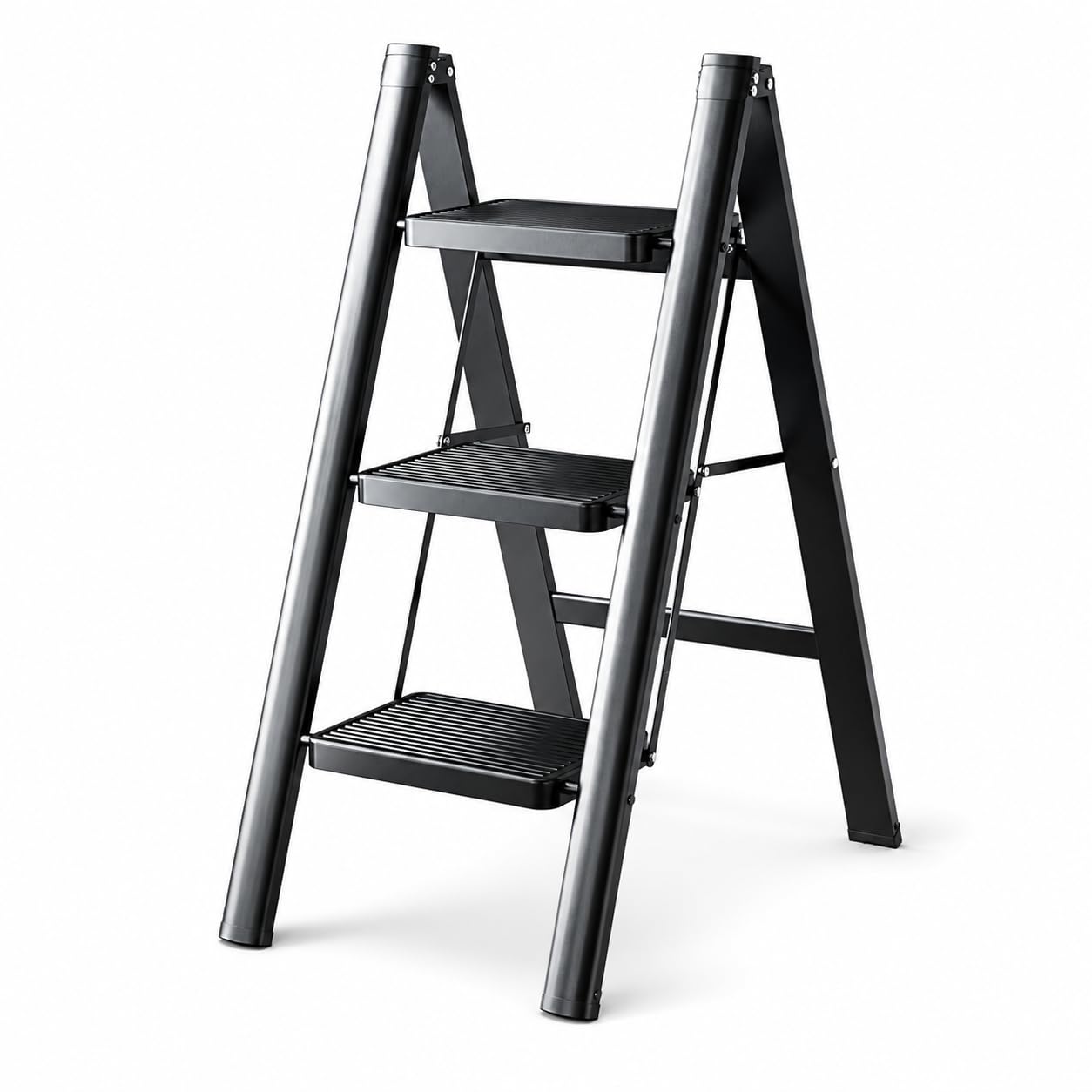 3 Step Folding Ladder for Home & Kitchen, Heavy Duty Steel Step Stool with Anti-Slip Wide Pedals, Foldable Portable Climbing Ladder for Adults, Kids, Office, Pantry, Balcony, Black Finish Safe-image-13