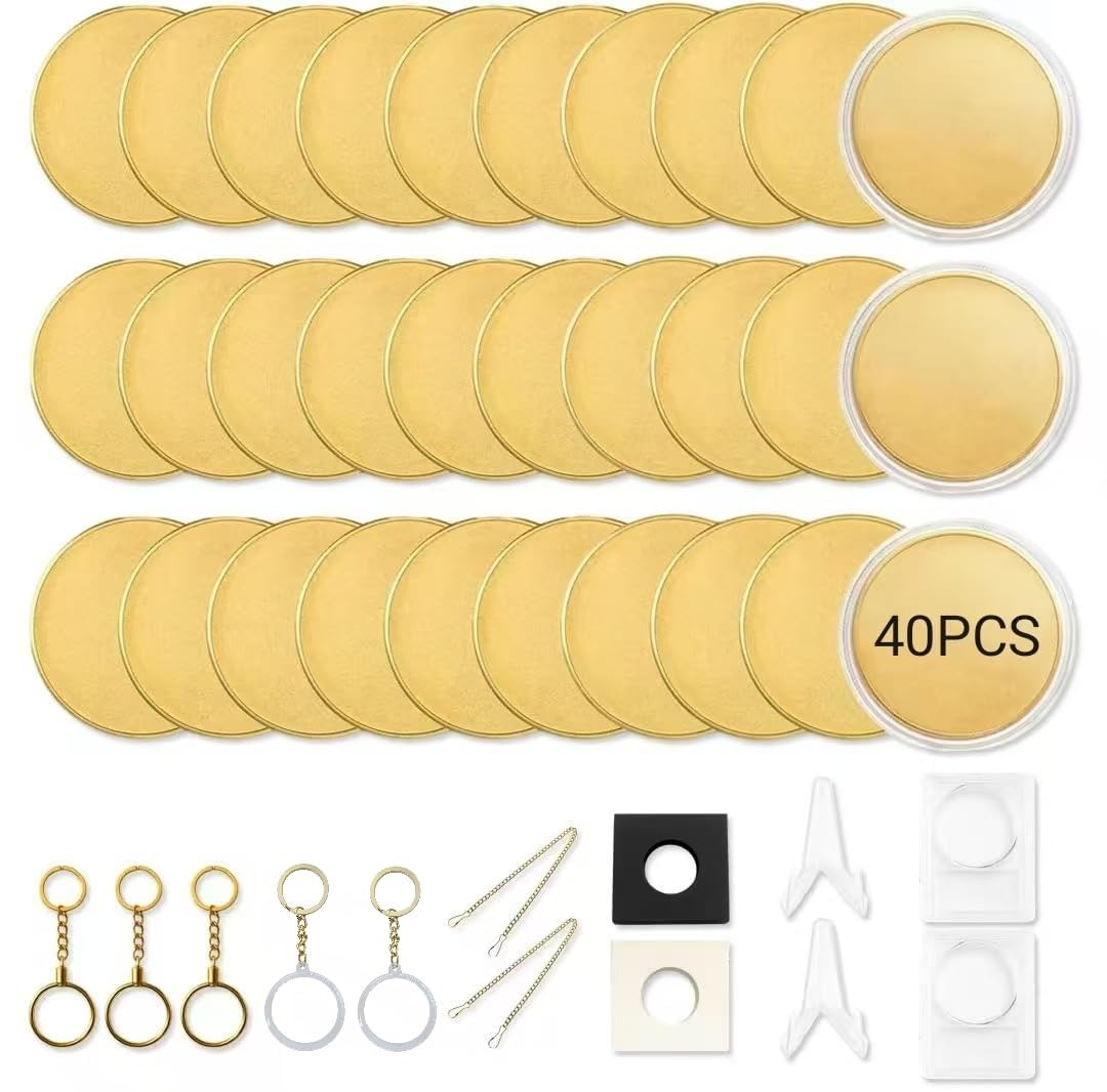 40 monete vuote in ottone per incisione, monete personalizzate da 4 cm, monete vuote per incisione laser fai da te, spazi vuoti per monete personalizzate con portachiavi e scatola espositiva
