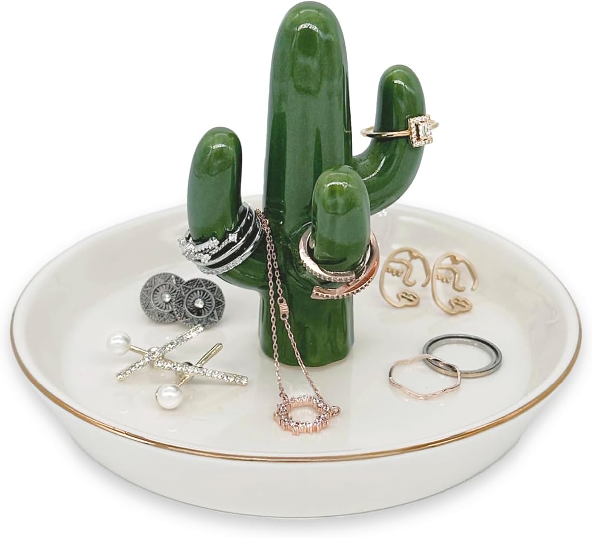 mono living Cactus Jewelry Holder and Ring Dish - Ceramic Succulent Decor for Kitchen Sink or Vanity - Cute Engagement, Birthday, or Mother’s Day Gifts for Women, Gold-Rimmed Trinket Tray