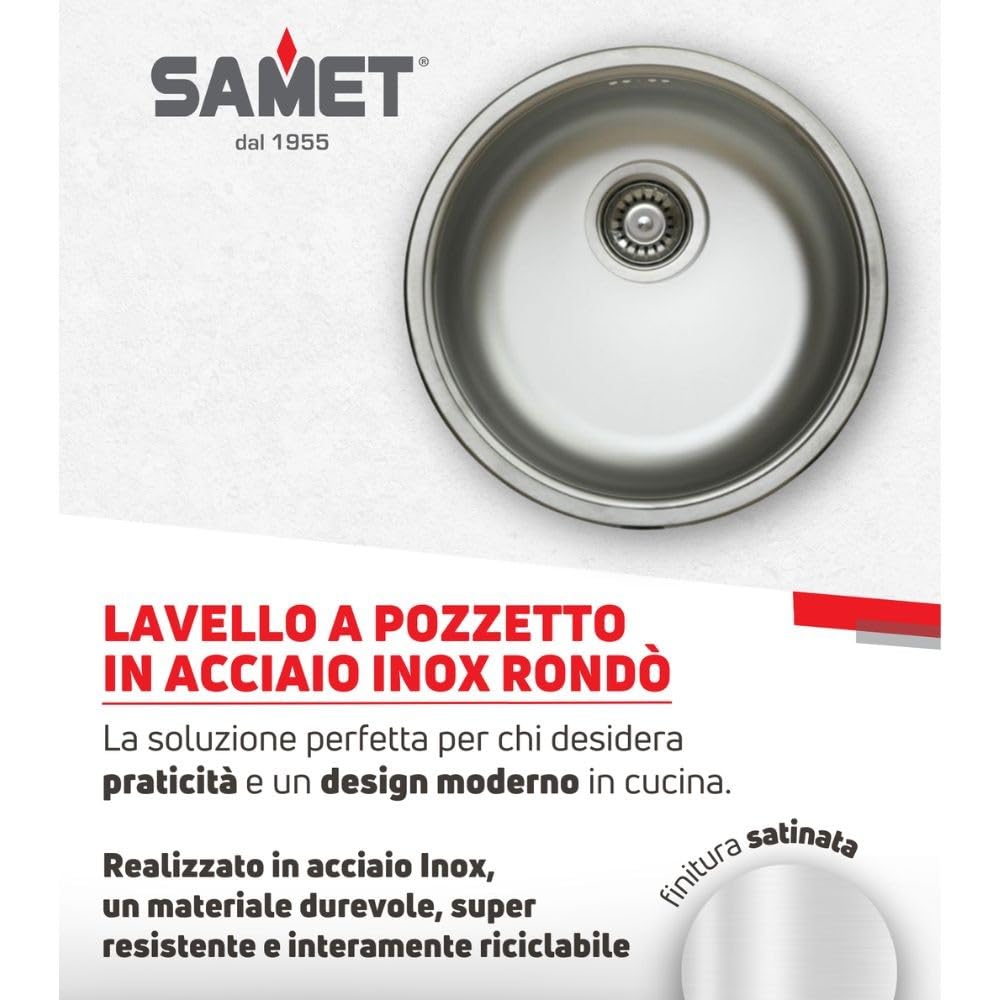 Lavello cucina a pozzetto in acciaio inox da incasso diam. 43.5 cm