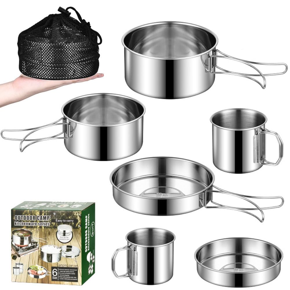 Goodern Camping Cookware Mess Kit,6 PCS Outdoor Portable Stainless Steel Pots Plates Cups Set Lightweight Folding Cookware with Storage Bag Durable Cooking Kit for Backpacking Hiking Picnic Travel