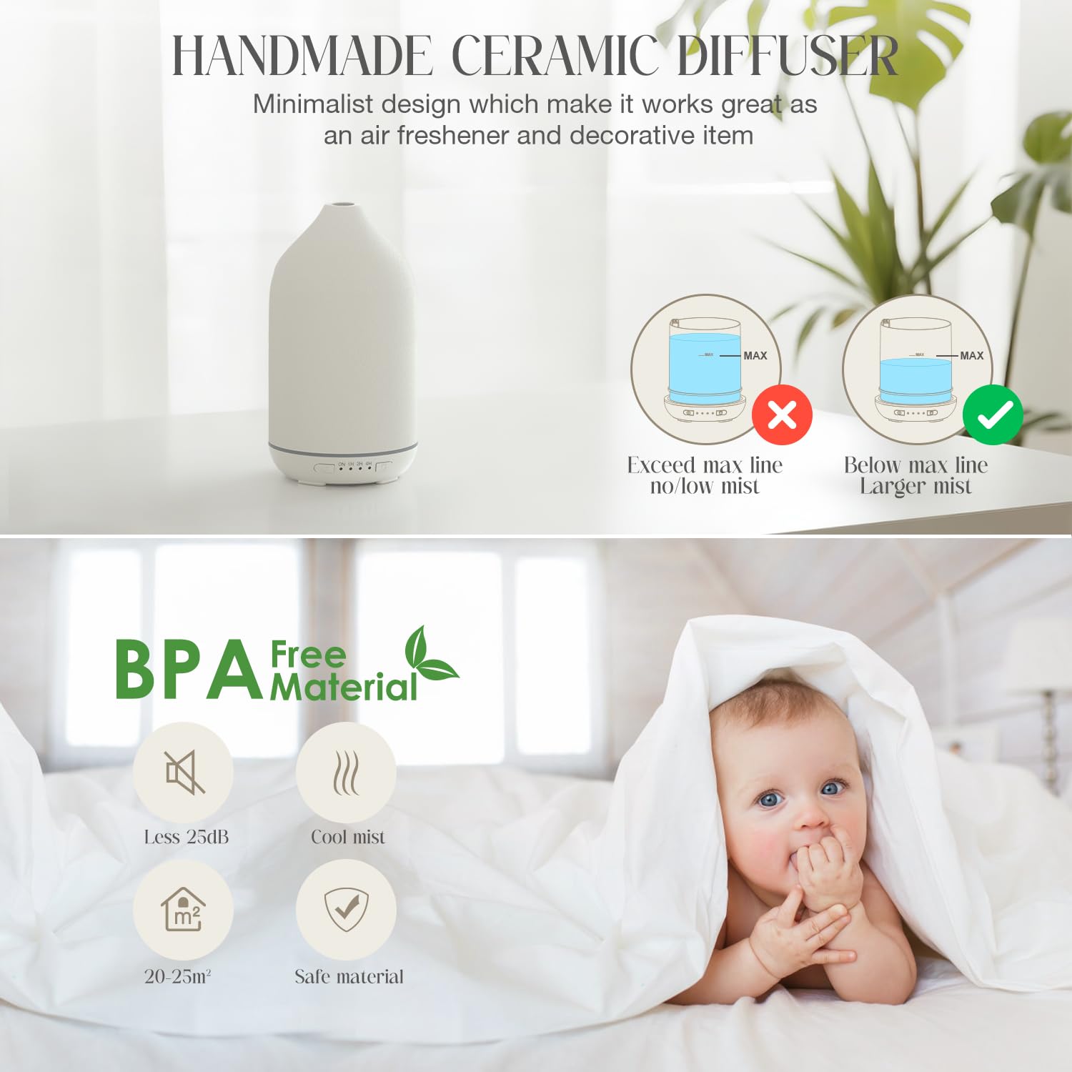 SALKING Aroma Diffuser Keramik Diffusor für Ätherische Öle - Duftöl Duftdiffusor Ultraschall BPA-Frei mit Einstellbarem Nebelmodus, Automatisch Power-Off Leise für Zuhause Büro Yoga 200ML Weiß