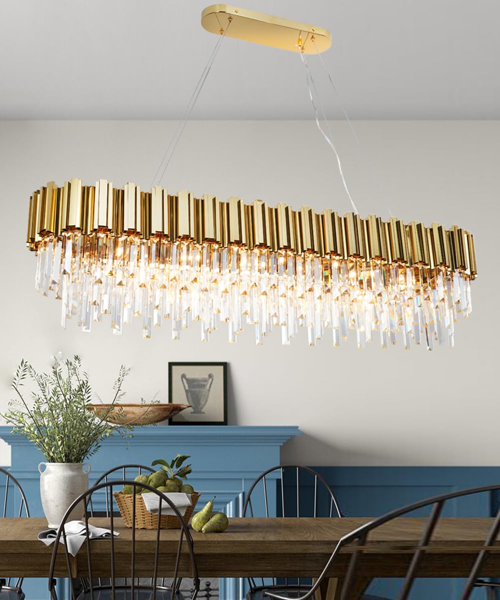 Gold Crystal Chandeliers Rectangle Modern Crystal Chandelier Lighting for Dining Room19 Light Contemporary Ceiling Light Fixture Chandelier Over