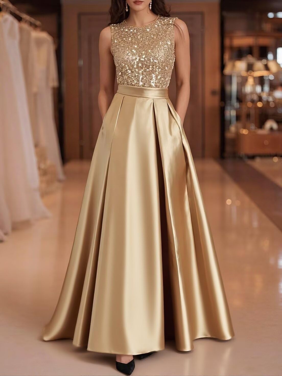 Long Satin Mother of The Bride Dress Scoop Neck Sequin Prom Party Dresses Sleeveless Ball Gown DD-DD051 - Image 3