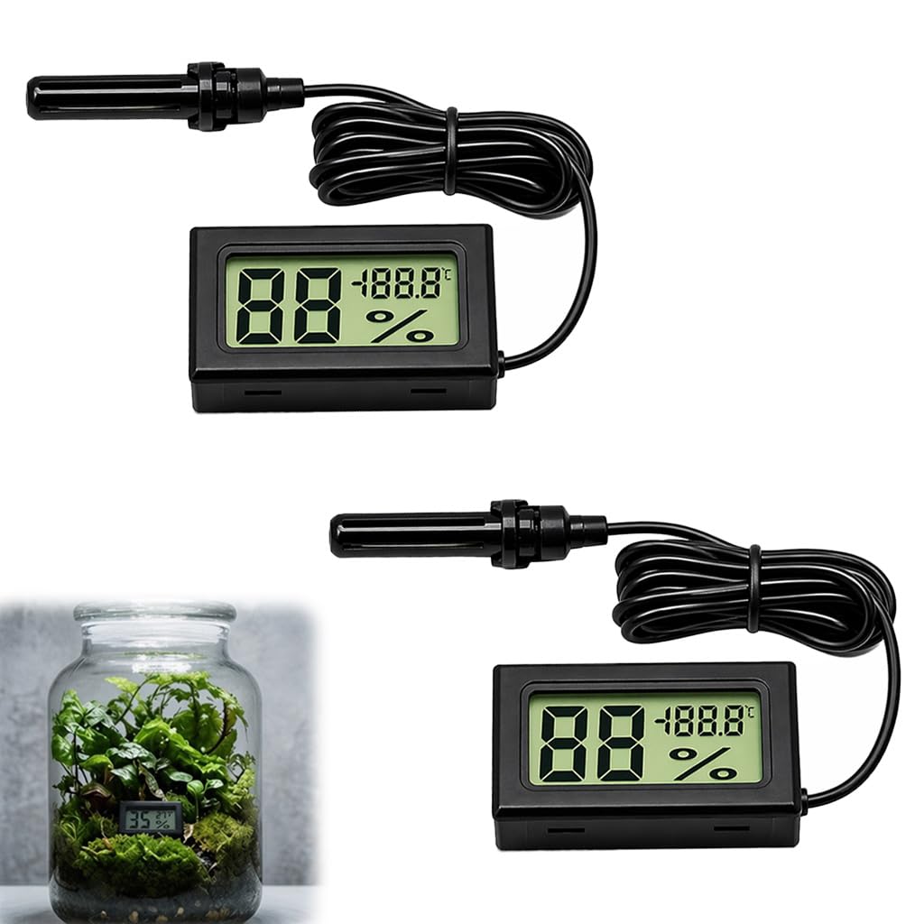 2 Pack Digital Thermometer Hygrometer with Probe Sensor, Temperature and Humidity Monitor for Reptile Tank Incubator Vivarium Thermometer with LCD Display, Digital Humidity Meter