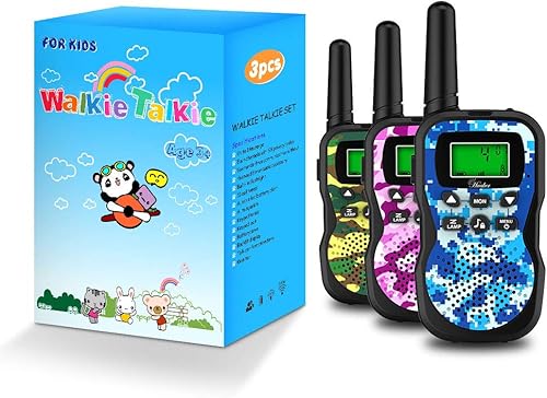 Miniatura 5 de Walkie Talkies para niños, paquete de 3 unidades de 22 canales de radio de 2 vías con linterna y pantalla LCD, walkie talkies de alcance de 3 millas
