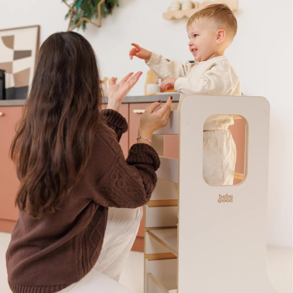 Babywood Lernturm Slim – höhenverstellbarer Küchenhelfer für Kinder, Stehpodest & Trittstufe, 85×40×41 cm, sicher & stabil, MDF, Farbe Kaschmir