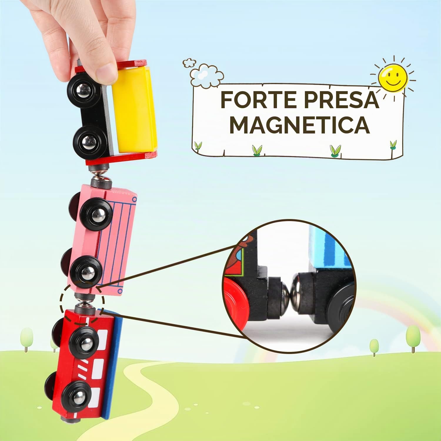 Jacootoys Set di vagoni ferroviari magnetici in legno, 15 auto, 10 binari, con custodia, per bambini piccoli, compatibile con set di binari ferroviari delle marche principali