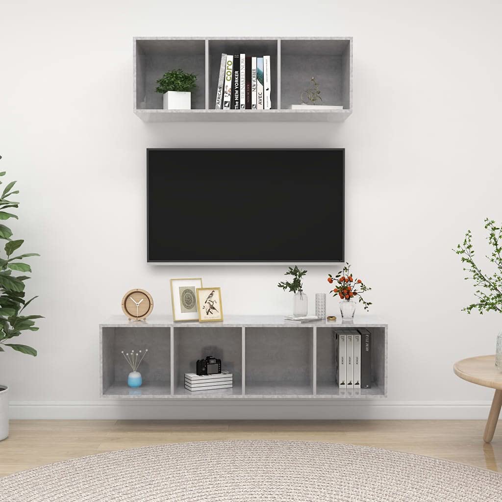 2-TLG. TV-Schrank-Set Betongrau, Holzwerkstoff, Hängend, Modernes Media-Center für Wohnzimmer, Schlafzimmer, Viel Stauraum