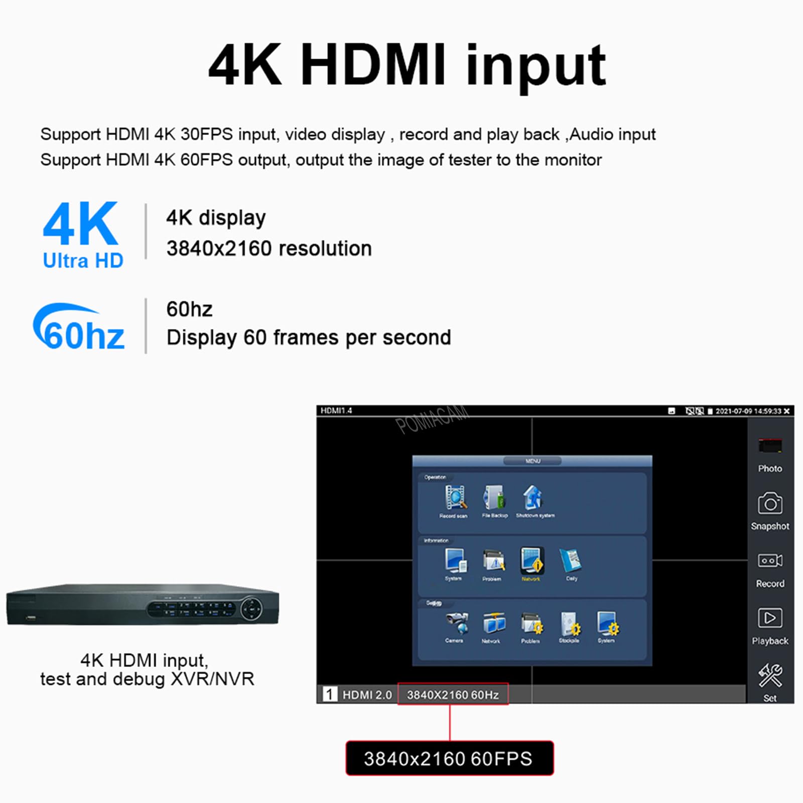 Probador de cámara IP 8K multifuncional CCTV, pantalla de 8 pulgadas, 8K H.265 8MP TVI/CVI/AHD/SDI/CVBS, comprobador de cables DMM TDR VFL compatible con 55 V POE++, puerto SFP HDMI y VGA (modelo