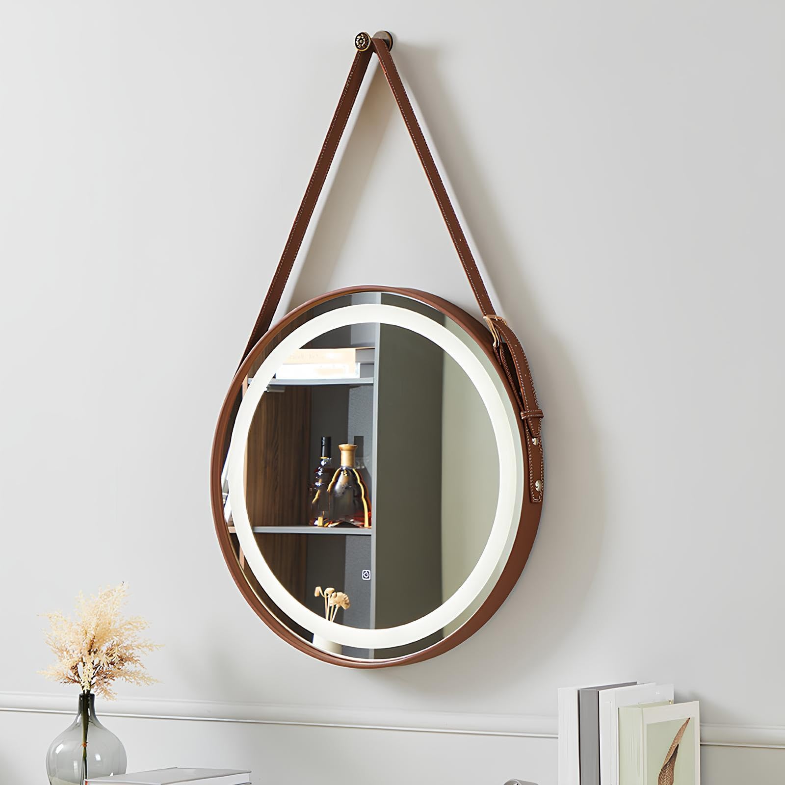 FGXHHS Hanging Wall Circle Mirror Round Backlit Bathroom for Bedroom Living Room(Brown,70cm/27.6in)